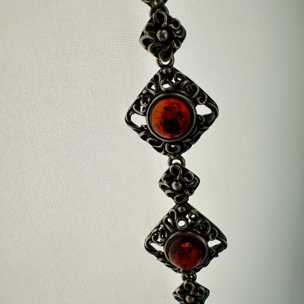 Vintage Sterling Silver Amber Bracelet Diamond Shape Filigree Floral Link Signed - Picture 13 of 16
